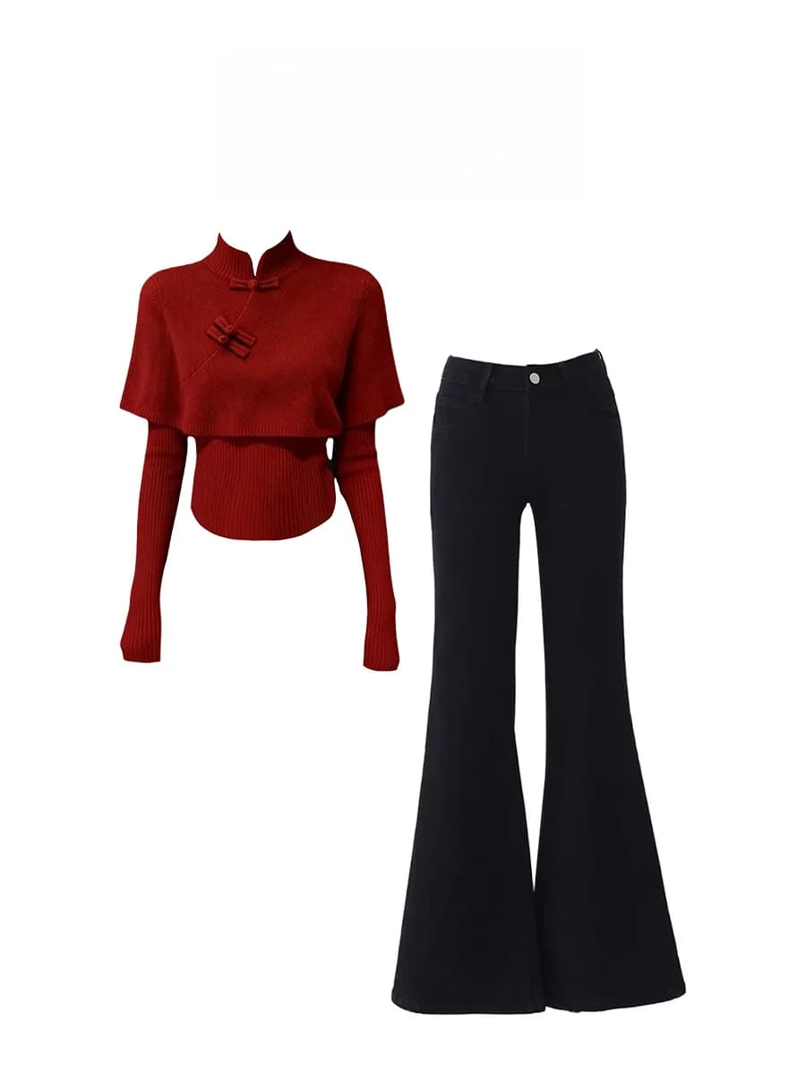Parkyeon New Chinese Style Stand Collar Cloak Sweater Flared Jeans Super Slimming Spring Fashion Set Women's Casual Wear
