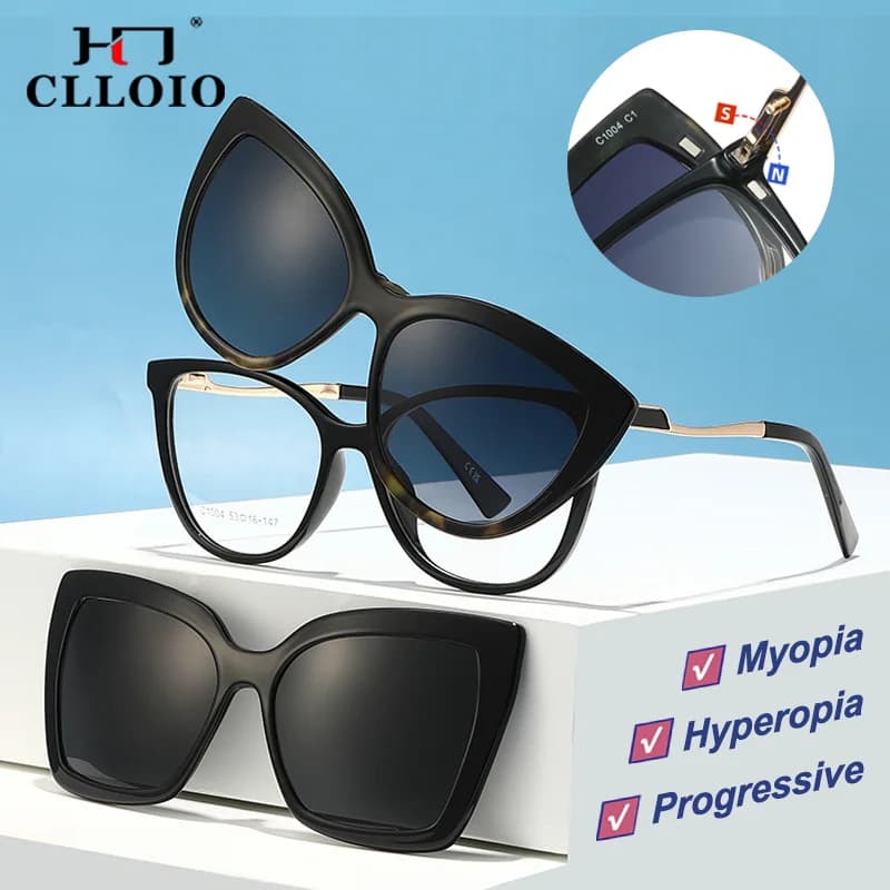 CLLOIO Moda 3 in 1 Clip magnetica Occhiali da sole polarizzati Donna Anti luce blu Miopia Lettura Guida Occhiali da vista