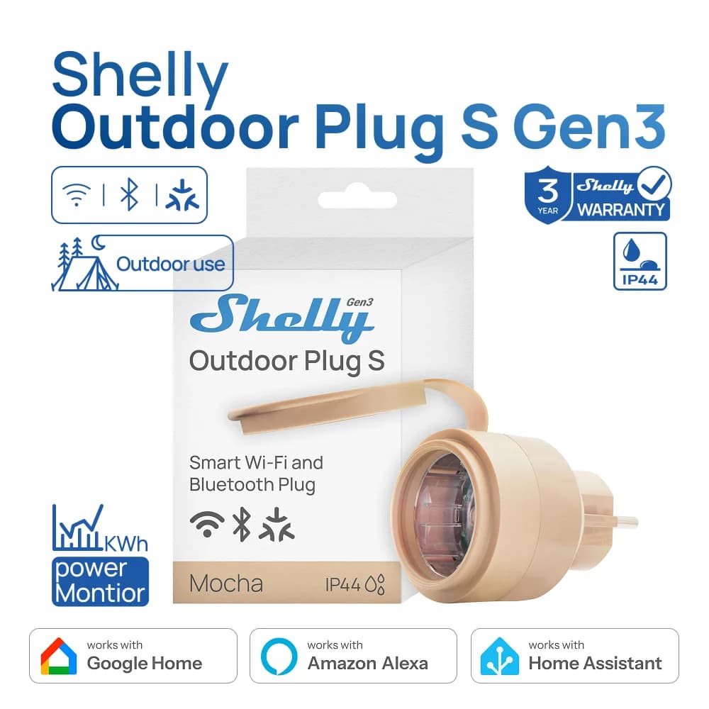 Shelly Outdoor Plug S Gen3 Misuratore di potenza Supporto Easy Control Monitoraggio Dispositivi esterni Compatibile con Apple Homekit