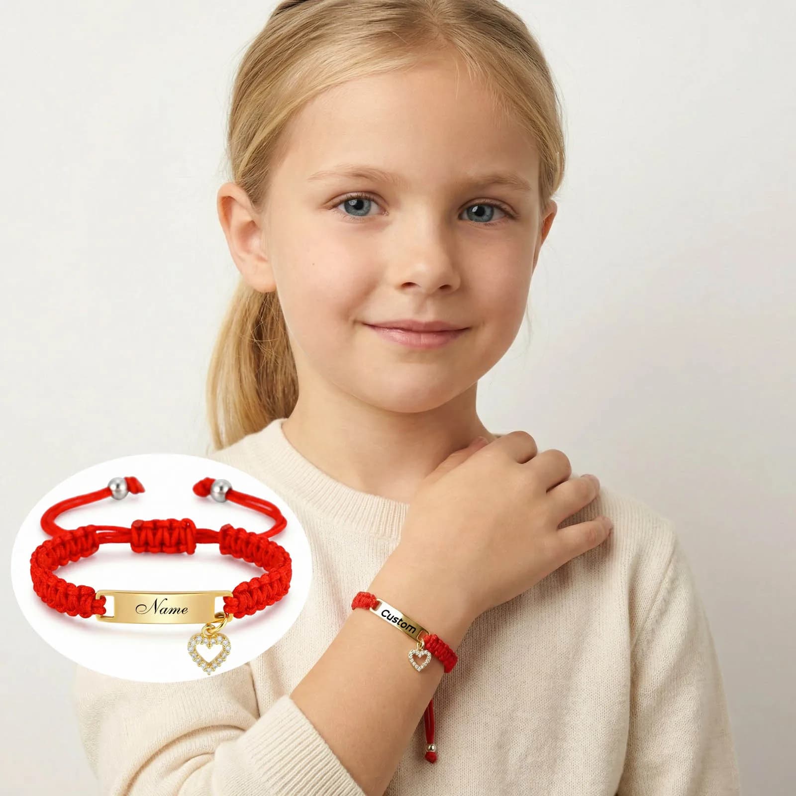 Custom Name Children's Bracelet, Stainless Steel Heart Charm, Adjustable Red Rope Chain, Personalized Kids Jewelry Gift for Baby