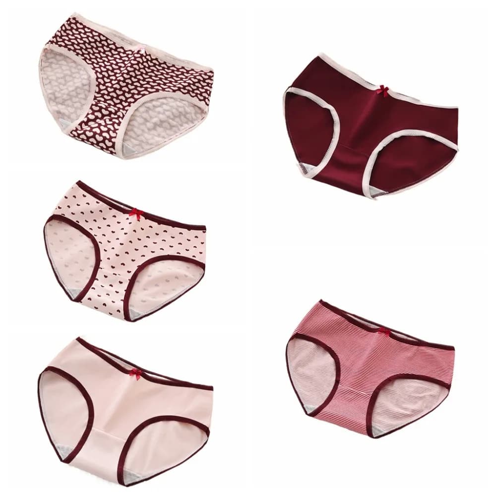 Set di 5 Mutandine da Donna a Vita Bassa con Motivi a Righe, Cuori, Fiocchi e Fragole, Intimo Femminile