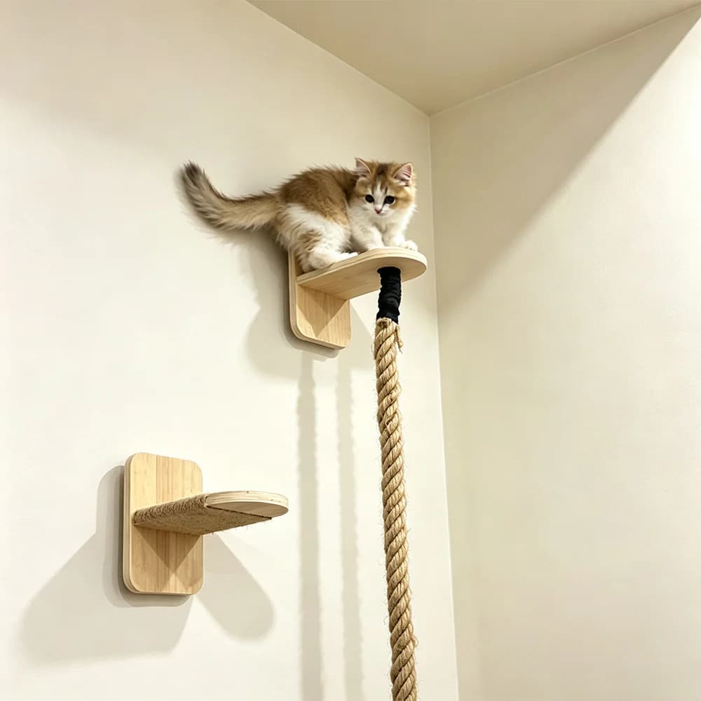 Wall-mounted ceiling cat climbing furniture with sisal rope and solid wood steps hook style, for cats to scratch and climb.