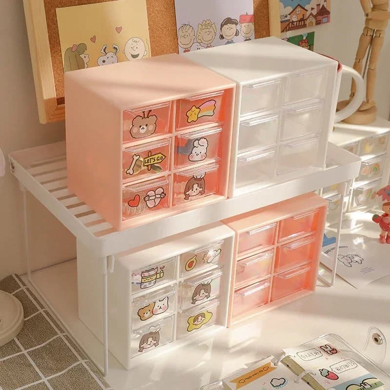 Scatola portaoggetti da tavolo con mini cassetto a 6 griglie, organizer da scrivania, nastro per gioielli cosmetici, cancelleria, trucco, rossetto, scatola organizer carina
