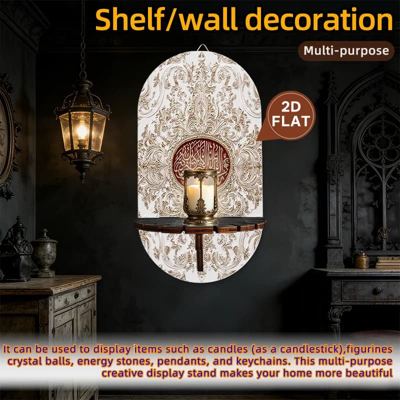 Espositore da Parete in Legno con Motivo Islamico Stampato in 2D, Portacandele, Espositore per Cristalli, Elegante Ovale Ornamentale Rosso e Dorato