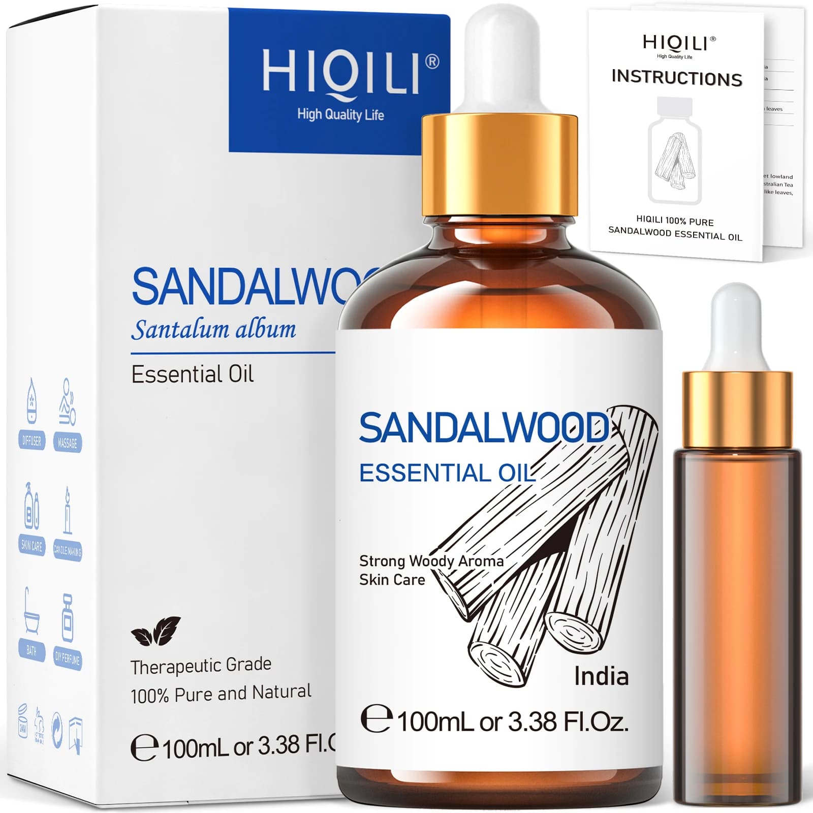 Oli essenziali di legno di sandalo HIQILI 100ML, natura pura al 100% per aromaterapia, diffusore, umidificatore, massaggio, meditazione, candela