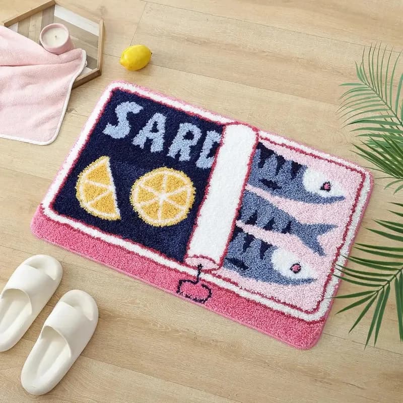 VIKAMA bath mat shaped like sardine can, anti-slip, washable, fun cartoon carpet for bathroom, entrance, mat for feet, home decoration