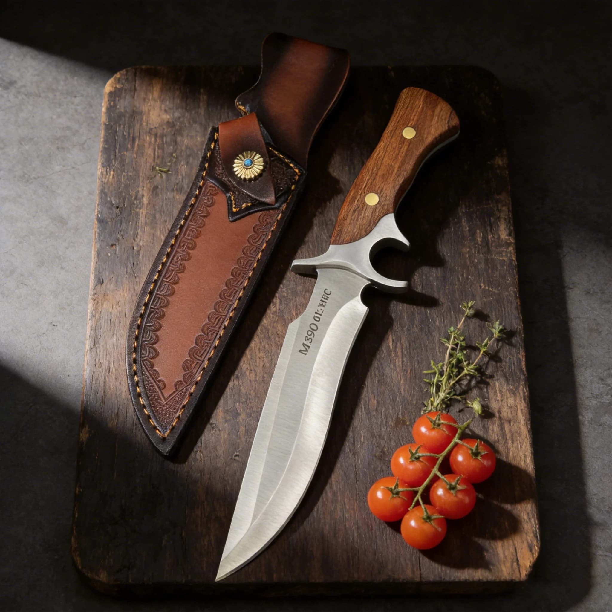 M390 Fixed Blade Kitchen Knife, with 61HRCRC high hardness blade and walnut handle, kitchen knife set, with leather sheath