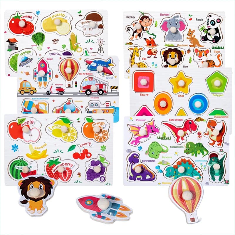 Montessori Carte di presa a mano in legno Bambino educativo Cartoon Veicolo Animali Frutta Puzzle 3D Bambini Giocattoli per l'educazione precoce TMZ
