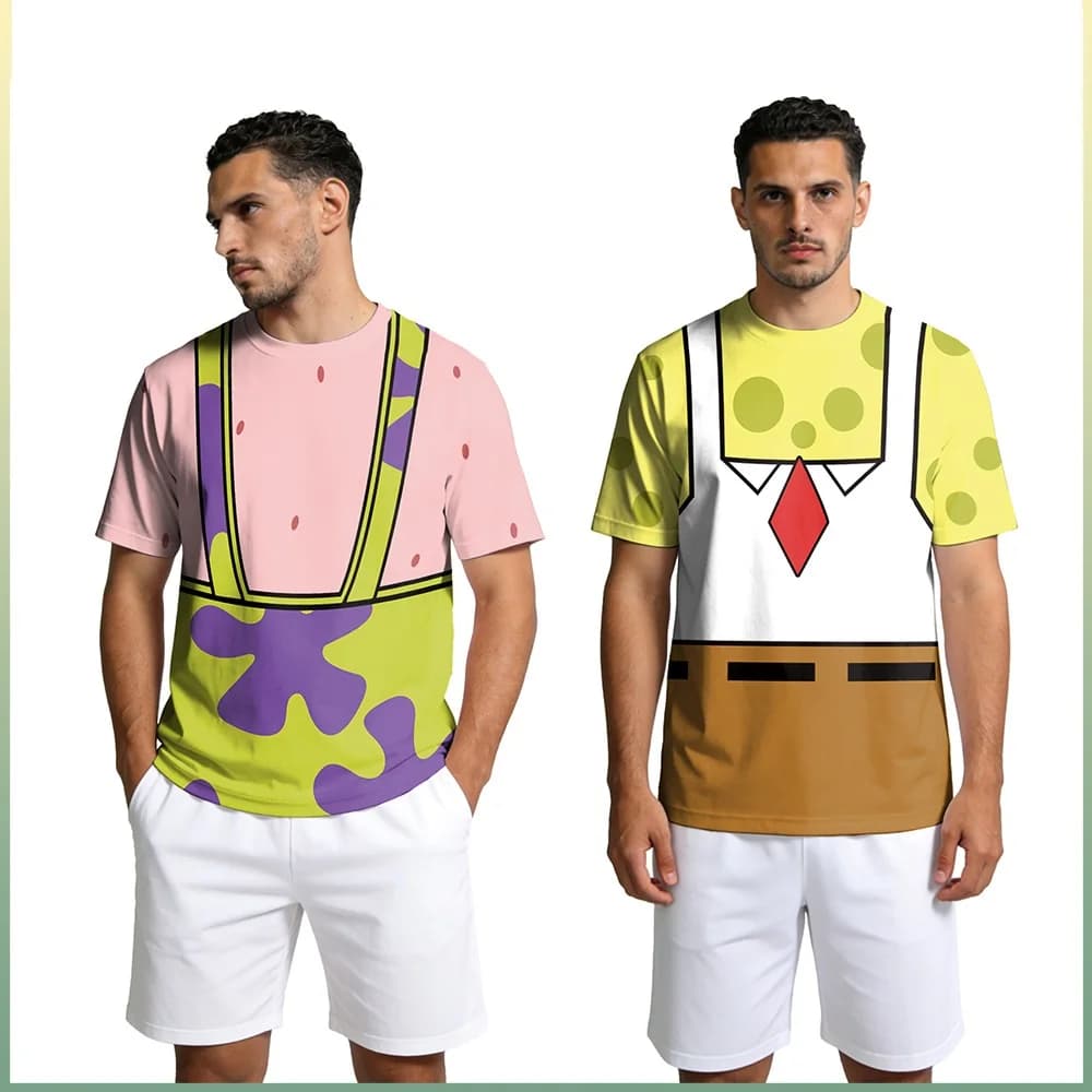 Sponge & Patrick Star Cosplay T-Shirt - Printed Graphic Tee for Halloween Party, Casual Versatile Daily Wear Top