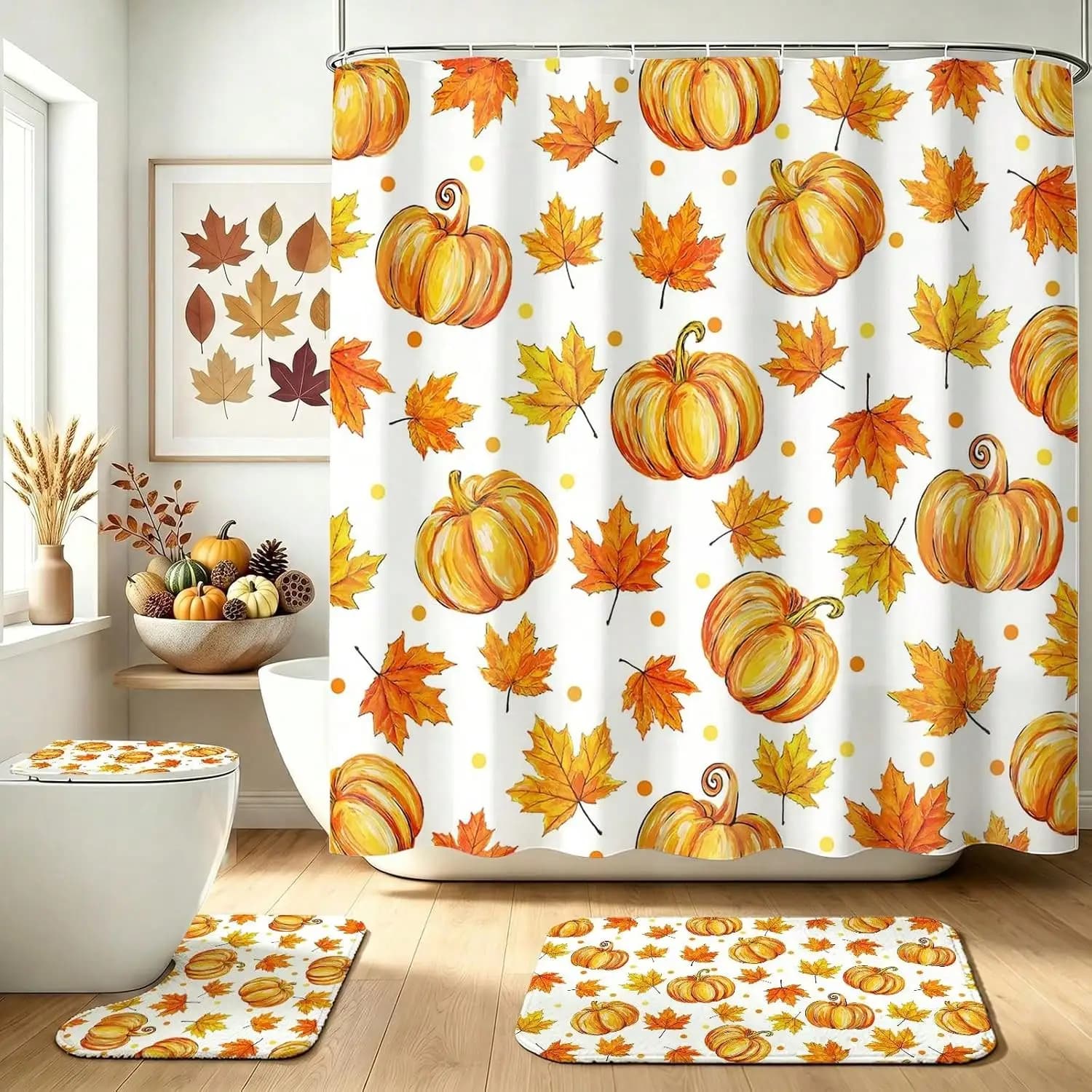 4pcs Fall Shower Curtain Set Cute Autumn Pumpkin Shower Curtain Set | with Non-Slip Washable Bath Rugs, Toilet Lid Cover Fall Bathroom Decor Accessory Set