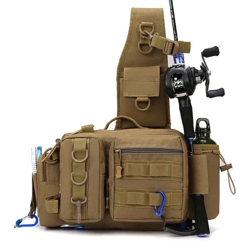 Zaino da Pesca, Marsupio da Pesca, Borsa a Tracolla, Organizer per Attrezzatura da Pesca con Porta Canna e Accessori, Borsa a Spalla