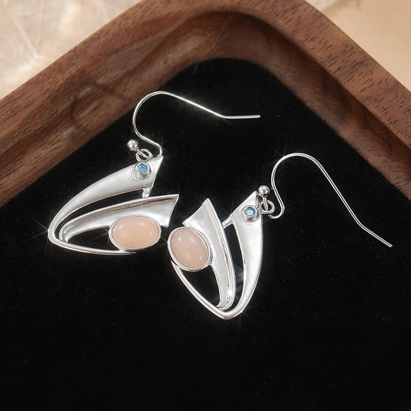 Earrings Pendants with Geometric Design and Embedding Moonstone, Silver Color, Elegant Woman Jewelry, Gift Ideas