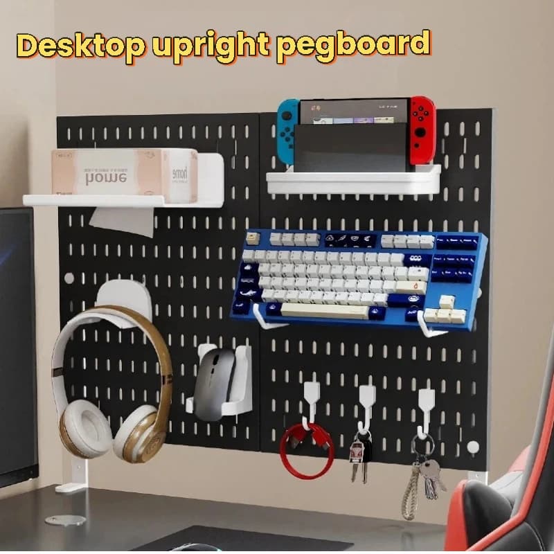 Organizzatore da parete per scrivania da gaming, senza foratura, con ganci portaoggetti per controller, cuffie, figure, mouse e switch.