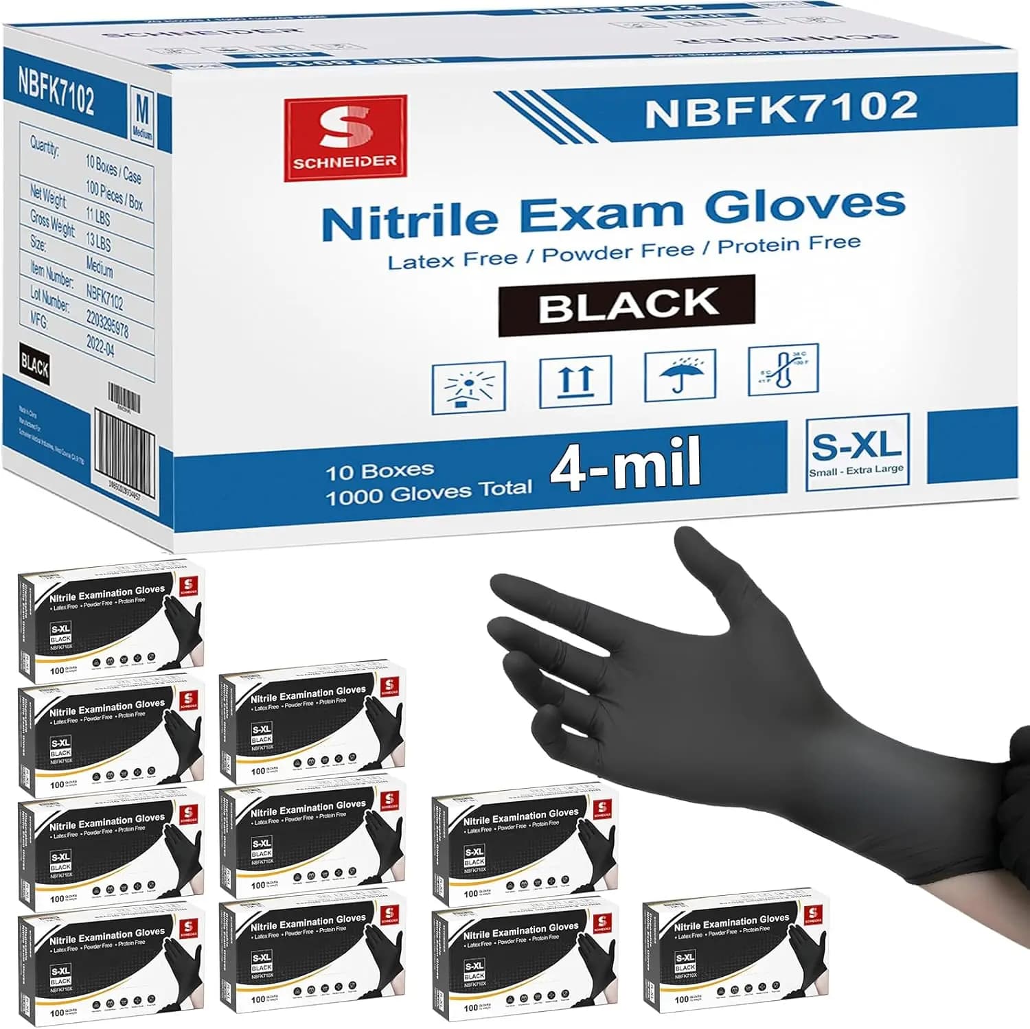 Guanti in Nitrile Monouso 4 Mil Neri Senza Lattice e Senza Polvere per Cucina, Preparazione Alimenti e Pulizie