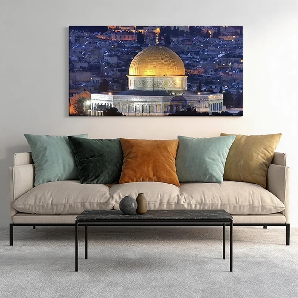 Decorative painting on canvas with wooden frame, 3 pieces, Rock dome, night view. Hall decoration.