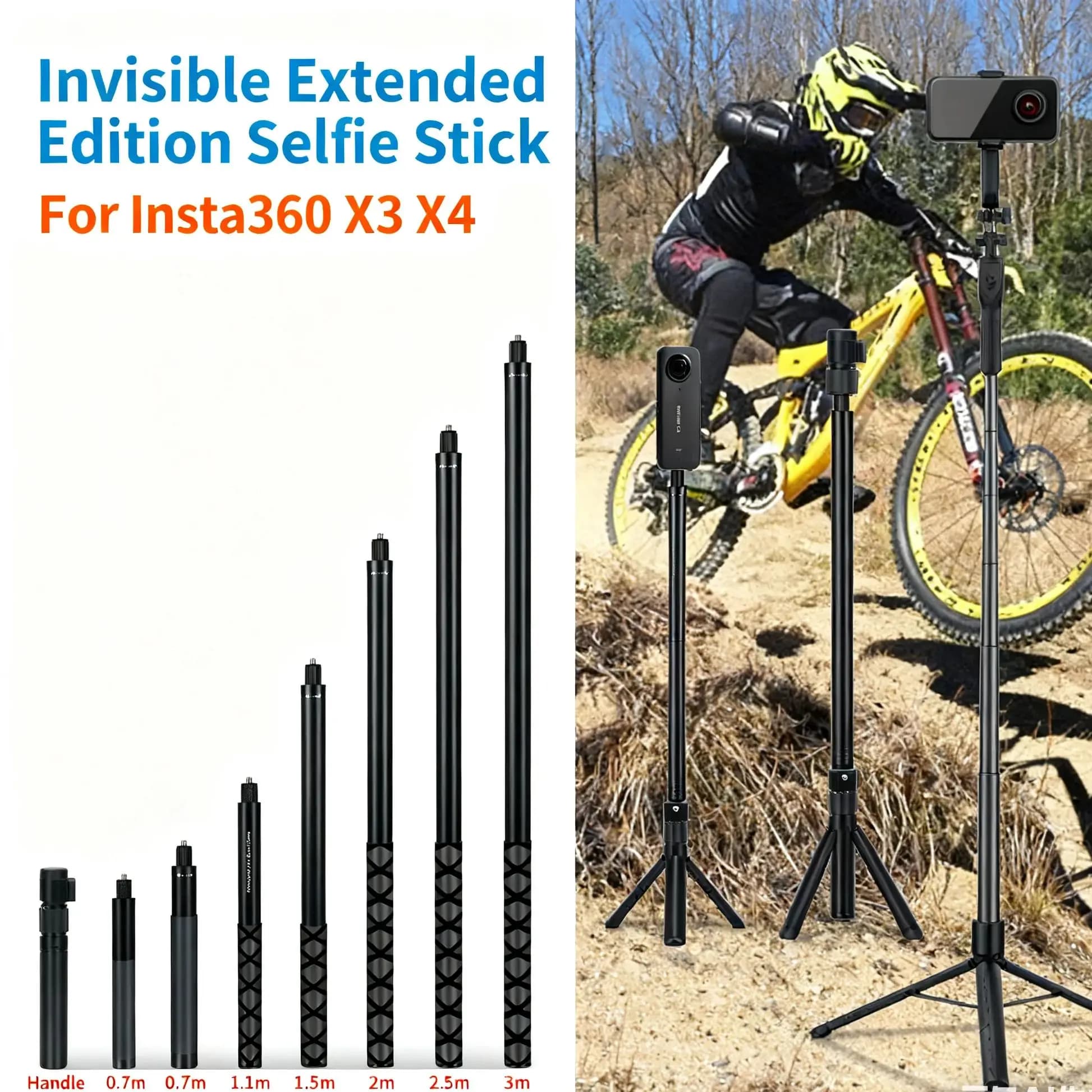 Monopiede scalabile per selfie stick in metallo invisibile in edizione estesa per Insta360 X3 X4 Accessori per GoPro13 DJI Action 5 4 3 Stick