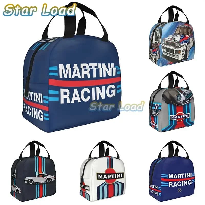 Martinis Race Stripes Scatole per il pranzo portatili Auto sportiva Motor Racing Dispositivo di raffreddamento termico Borsa per il pranzo isolata per alimenti Scatola per bambini Studente