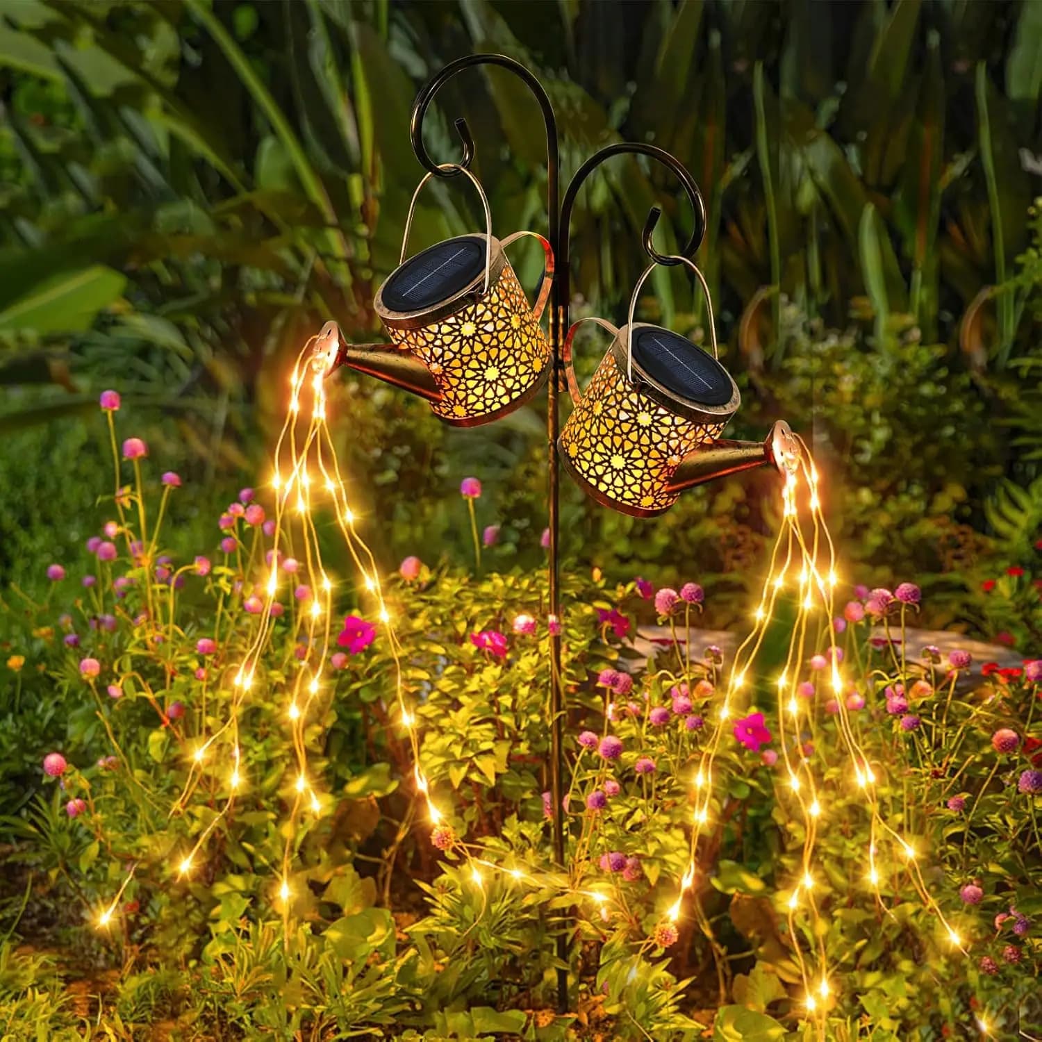 Set di 2 Luci Solari a Forma di Annaffiatoio, Decorazione da Giardino con Stringa LED, Design in Metallo Impermeabile per Patio e Prato