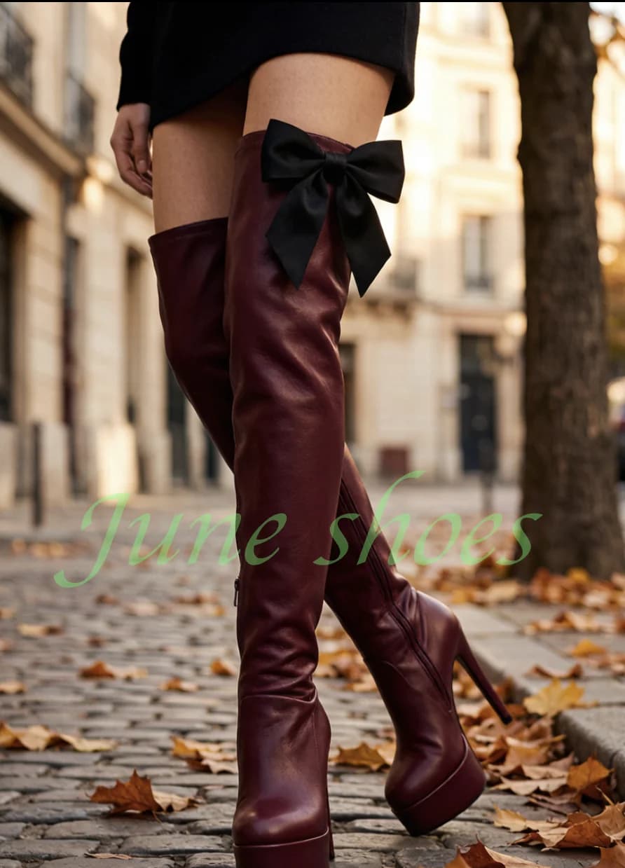 Lady Red Pu Platform Stiletto Heel Thigh Boots Bowtie Black Elegant Dance Party Boots Zipper Runway Gothic Style Boots Footwear