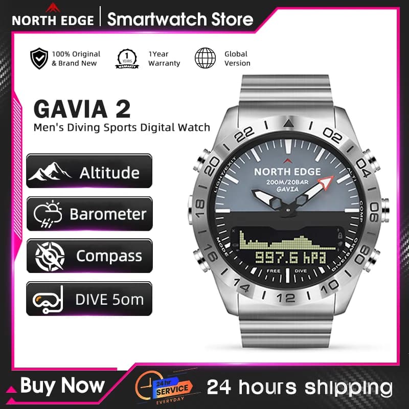 NORTH EDGE Orologio Subacqueo da Uomo, Smartwatch Militare di Lusso in Acciaio, con Bussola, Altimetro, Barometro, Orologio Digitale Impermeabile 200m