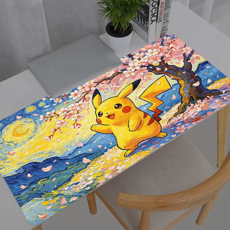 Tappetino per Mouse Grande XXL Pokemon Pikachu, Nuovo Tappetino per Tastiera PC Gamer, Tappetino da Tavolo in Gomma con Bordo Bianco e Nappine