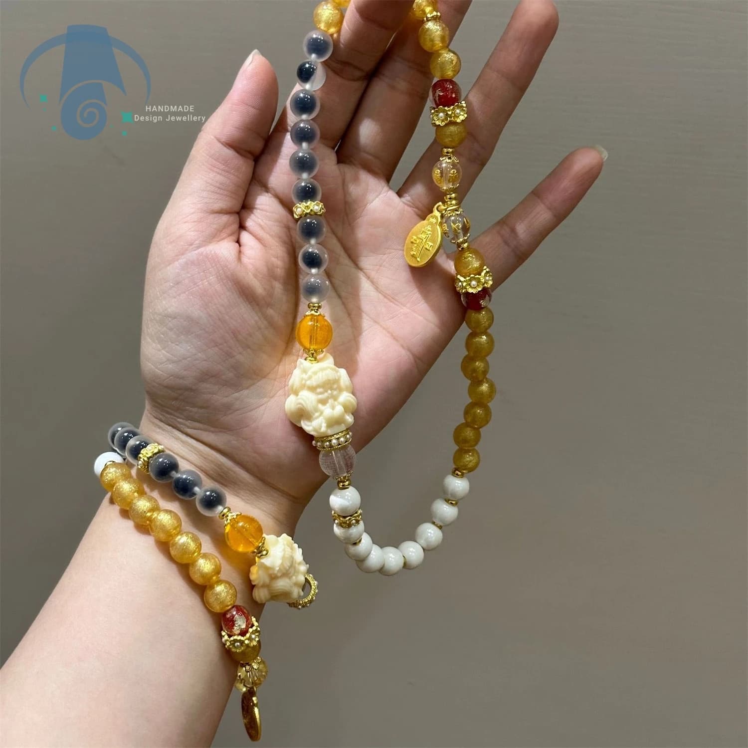 Fine Nine Tails Fox Nine Palace Eight Diagrams Mantra Bracelet White Porcelain Gold Foil Sugar Heart Agate Semi Sweet Glaze Wome