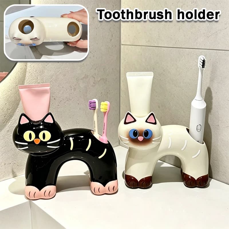 Cartoon Cat Toothbrush Holder Ceramic Bathroom Storage Rack with Drainage Hole Fits Manual Electric Toothbrushes for Cat Lovers