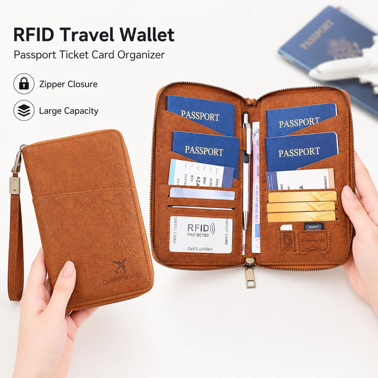 RFID Passport Holder Zipper Travel Wallet PU Leather Travel Document Organizer with Card Slots Boarding Pass Pocket Wrist Strap
