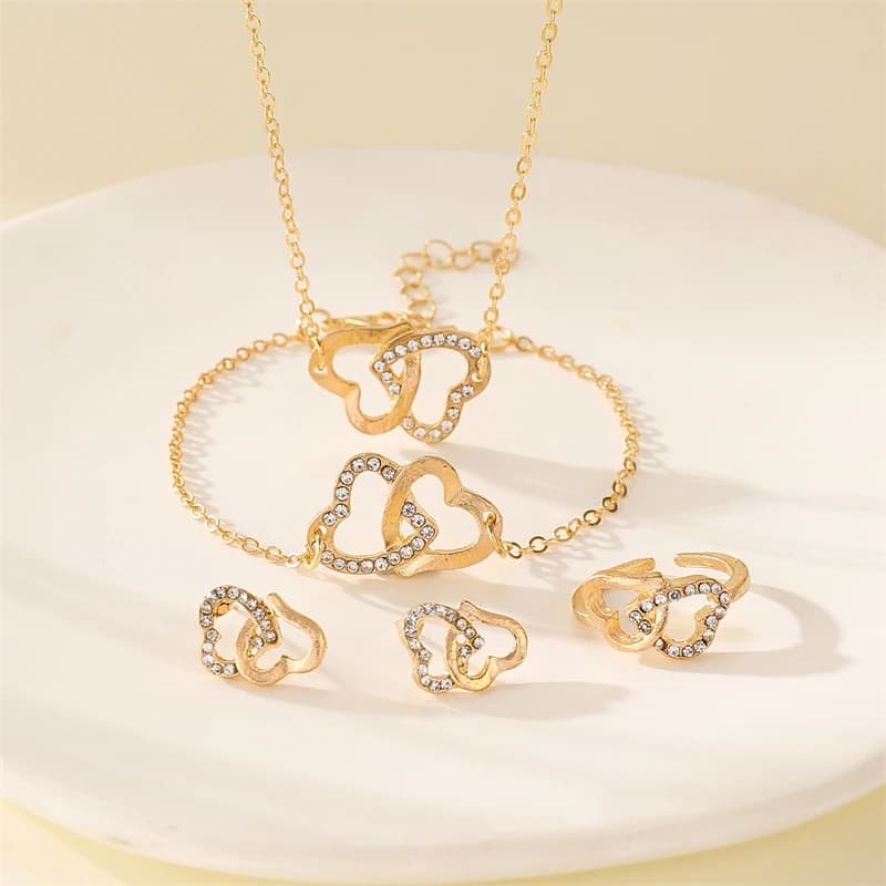 5PCS/Set Double Heart Shaped Jewelry Sets Of Ring Earrings Necklace For Women Rhinestone Wedding Jewelry