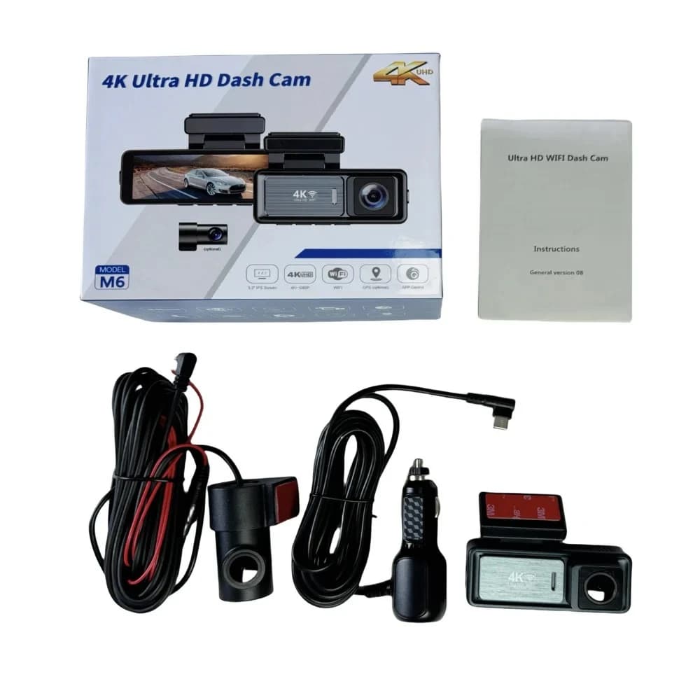 EE1 M6 Dash Cam Nera 4K+1080P a Doppia Lente, Registratore di Guida per Auto con Cavo di Alimentazione ACC, Visione Notturna e Registrazione Continua 24 Ore