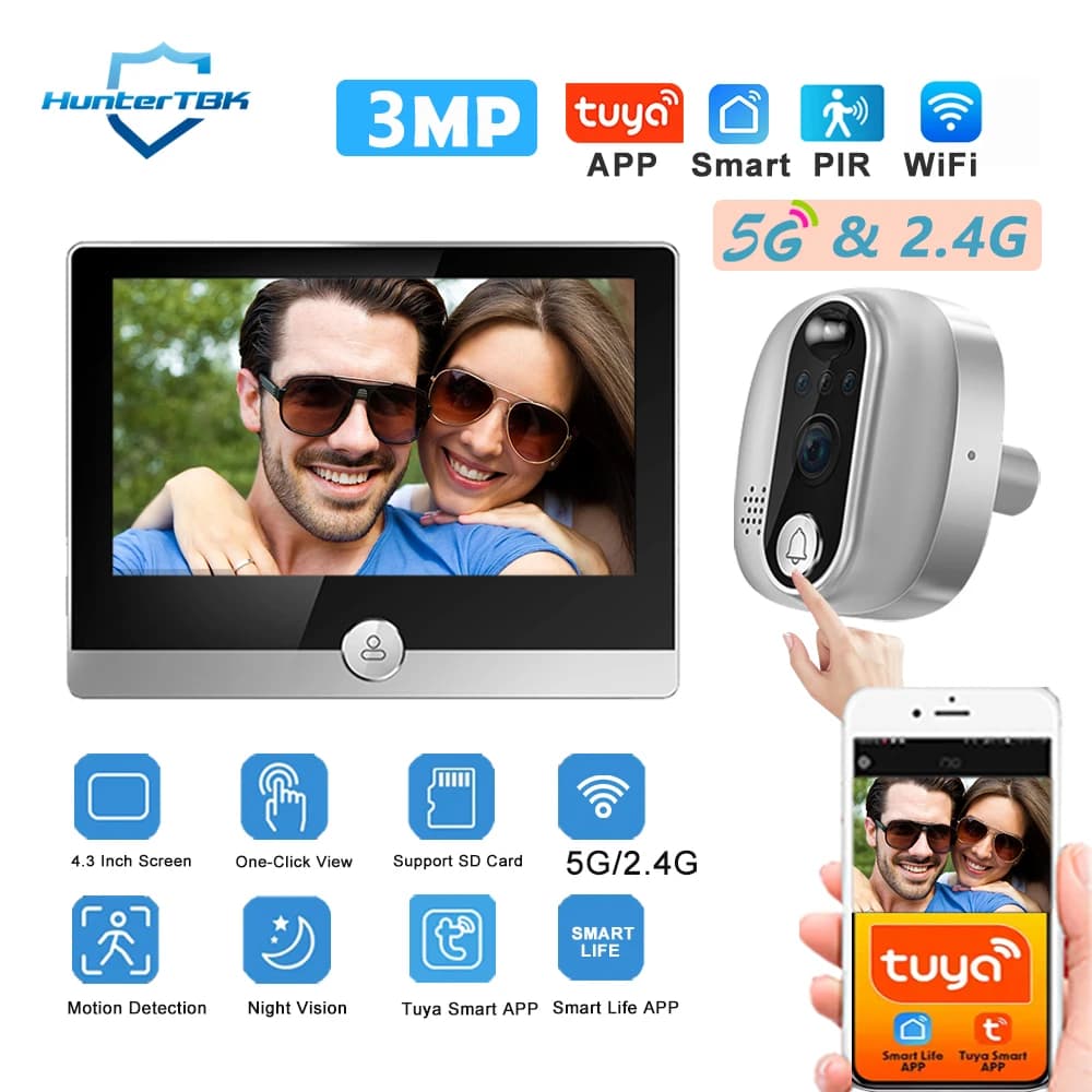 3MP 5Ghz 2.4Ghz WiFi Door Bell Peephole Camera 1080P Tuya Smart Life 5000mAh PIR Motion Detect IR Video Doorbell Digital Viewer
