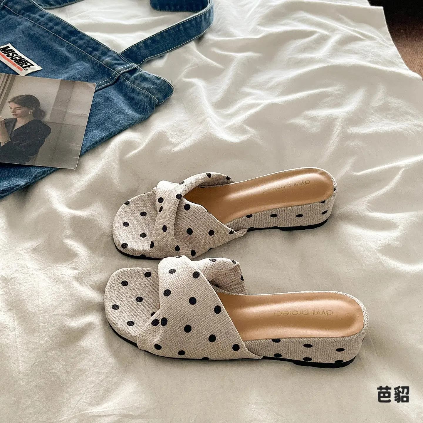Retro Polka Dot Wedge Sandals Women's Outdoor Wear Summer New Style Versatile Slip-On Slippers Anti-Slip Rubber Sole
