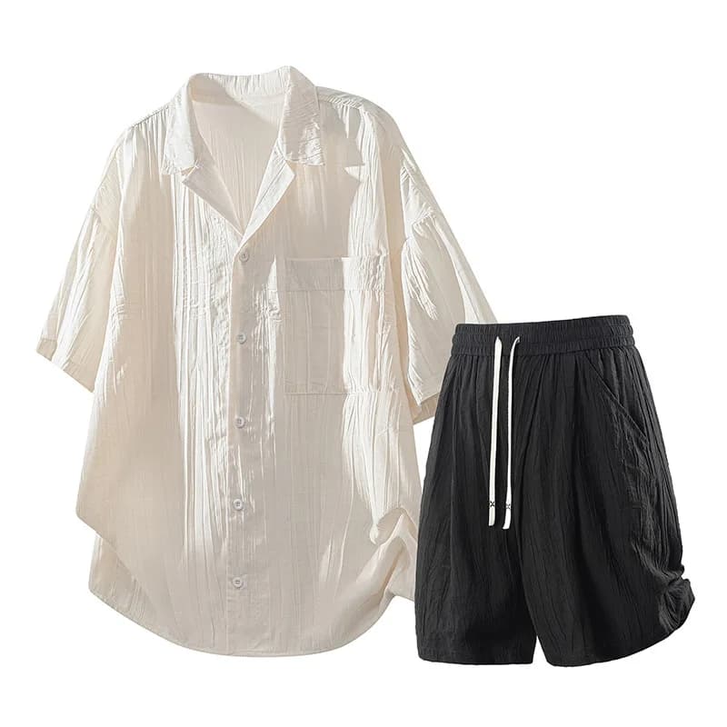 2026 Summer Men Korean Style Cotton Two Piece Set Loose Slim Short Sleeve Shirt Matching Shorts Trendy Daily Casual Outfit Suit