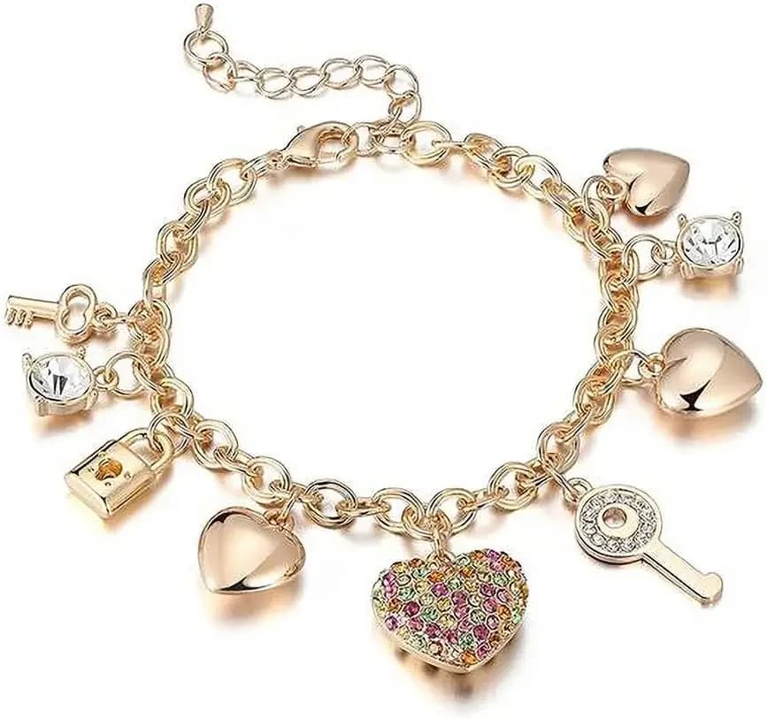 Bracciale a catena in oro - 7+2 pollici con prolunga, placcato oro 14K, braccialetti Love Locked da donna, con