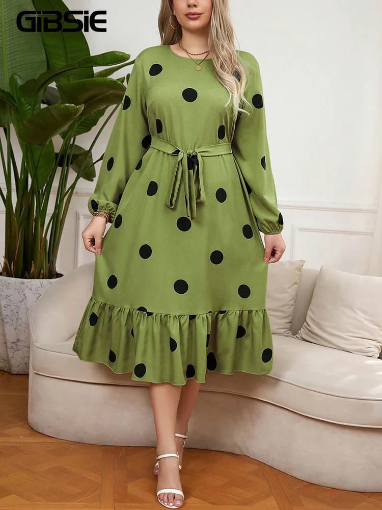 GIBSIE Plus Size Manica lunga Polka Dot Abito con cintura Donna 2025 Autunno New Vintage O-Collo Ruffle Hem A-line Abiti lunghi eleganti