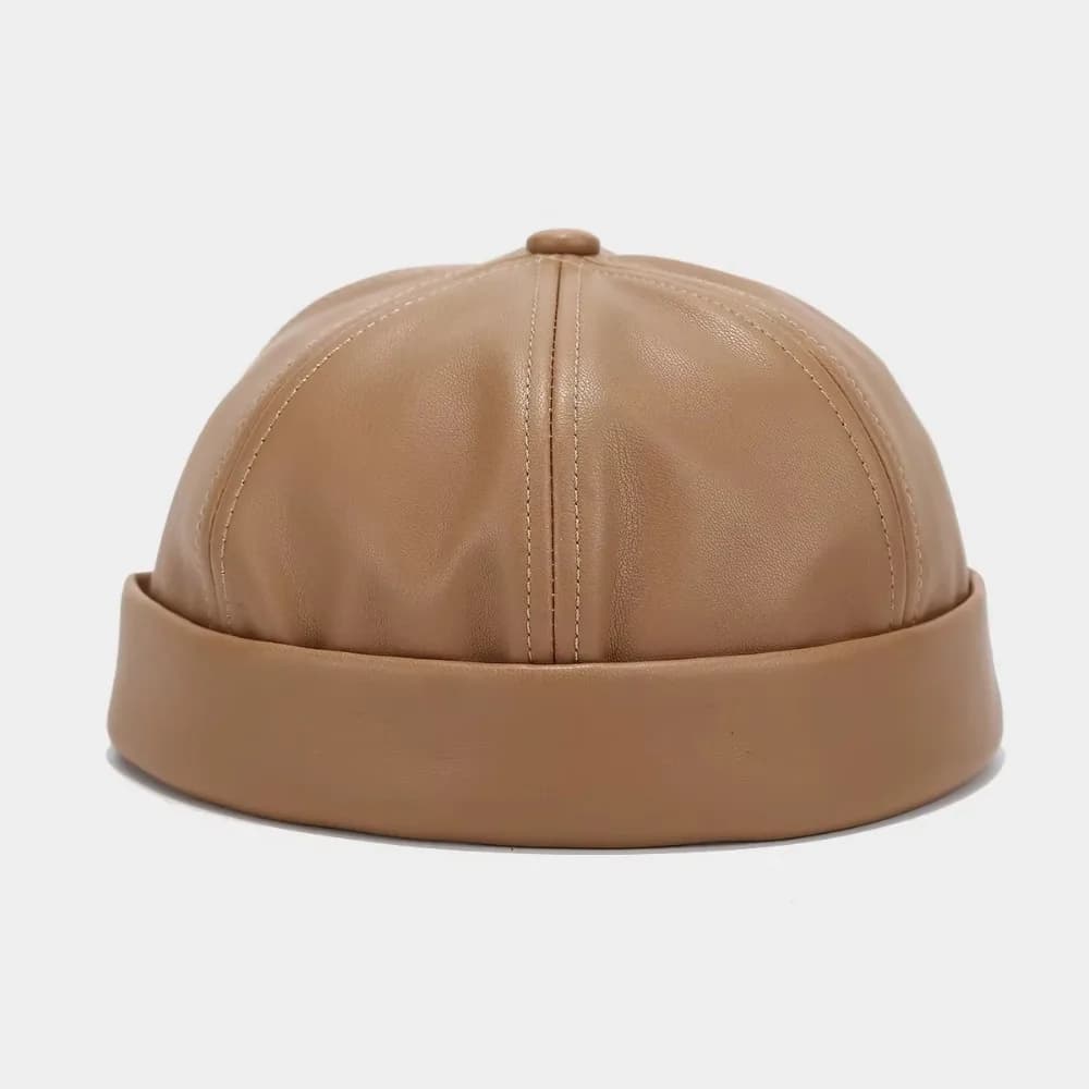 High Quality Retro Brimless Hat Solid Color Adjustable Landlord Hat PU Leather Docker Cap Unisex