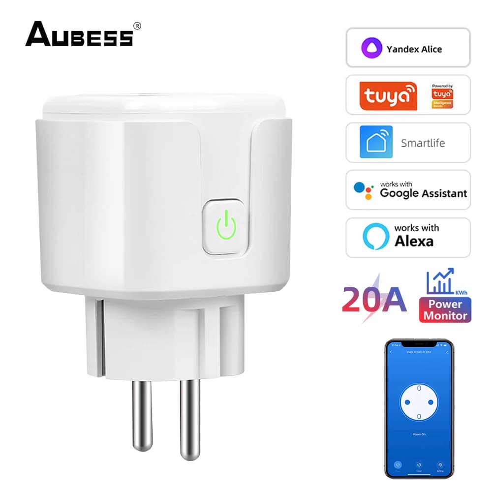 AUBESS 20A/16A Tuya WiFi EU Smart Plug Home Power Monitor Wireless Remote Voice Control Alexa Google Home Scarn Alice