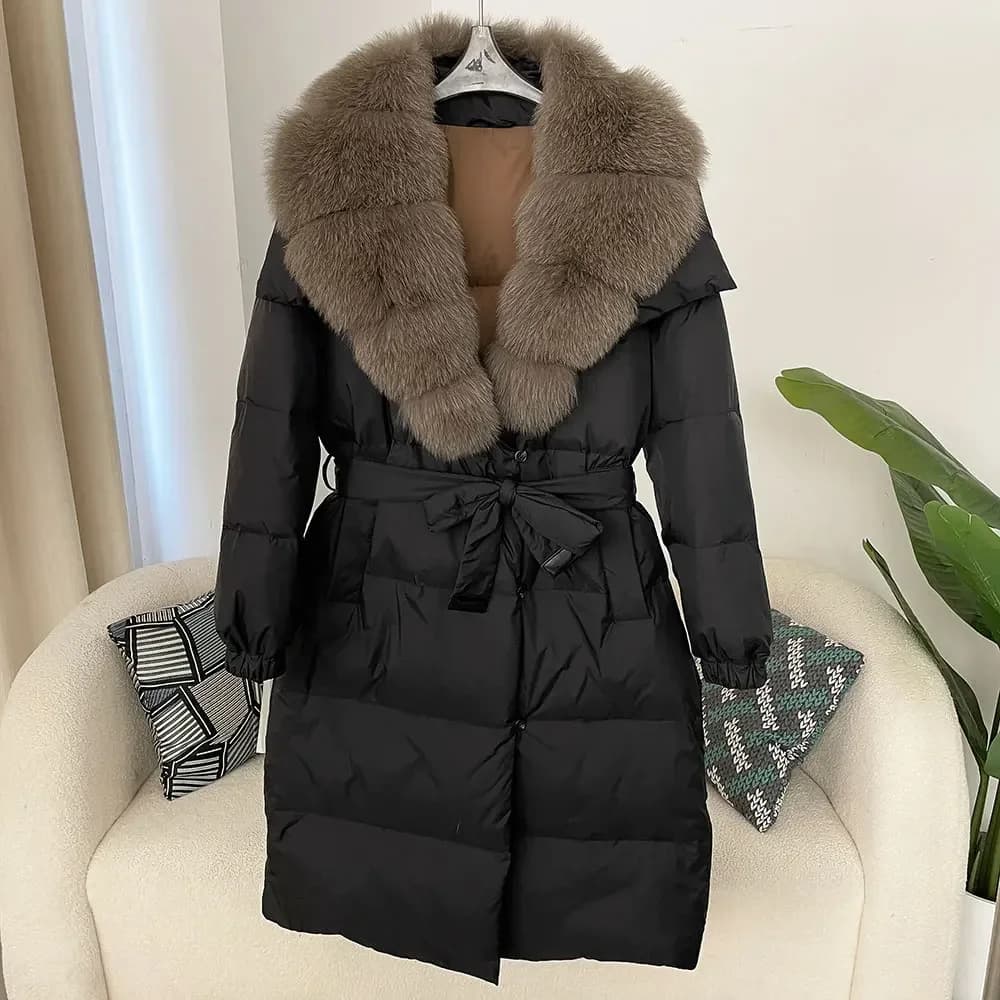 OFTBUY 2024 winter fur jacket natural woman true fox raccoon fur neck thick white duck jacket warm belt casual