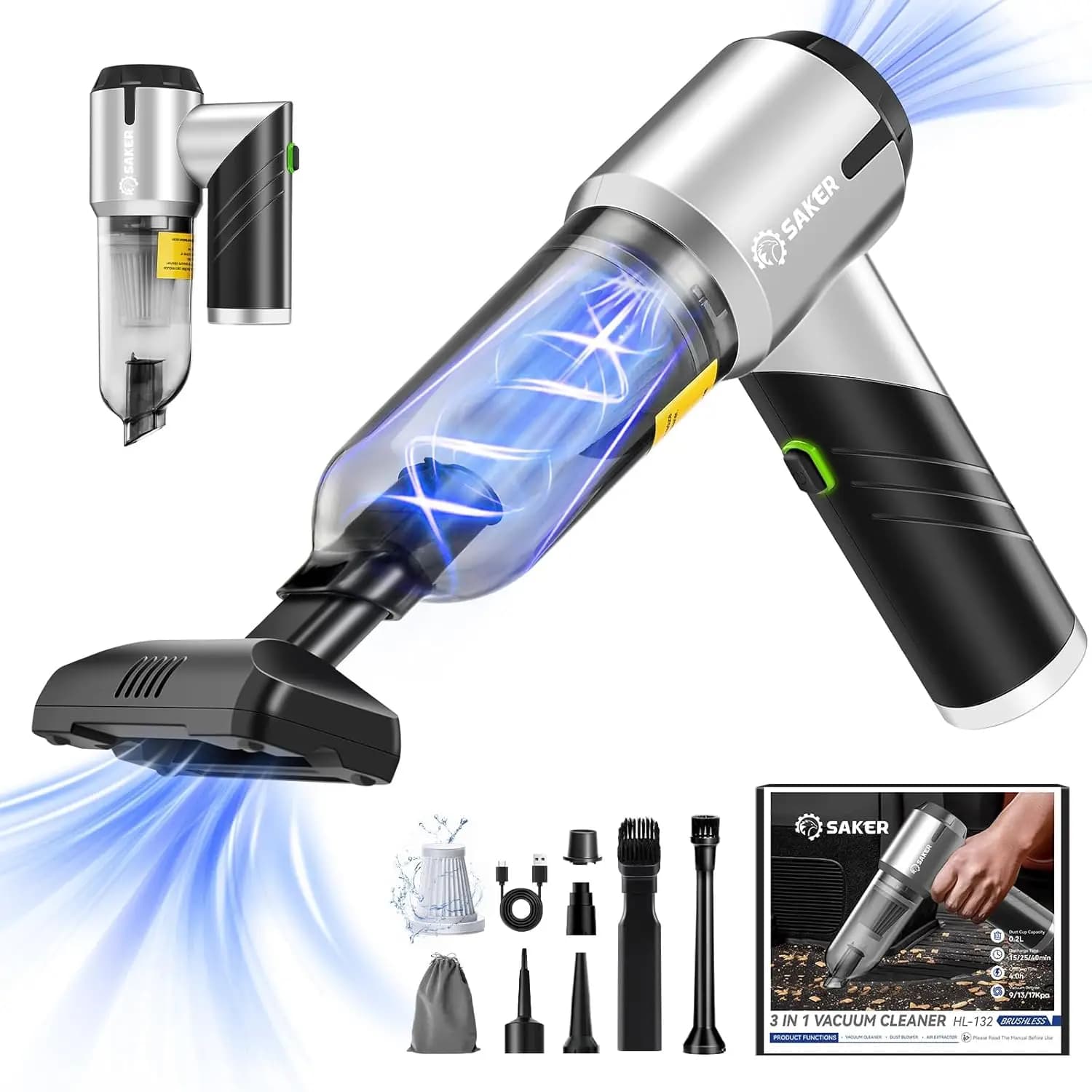 Vacuum Cleaner Wireless Laptop for Cars with 17000PA Suction, Rechargeable and Foldable for Home, Office and Domestic Animals