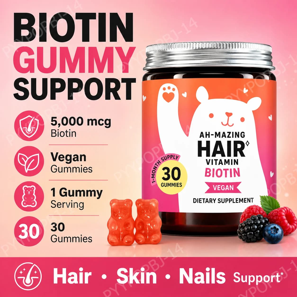 Biotin Gummies 5000 Mcg Hair Skin Nails Support Vegan Beauty Vitamins 30 Gummies Daily Wellness Supplement