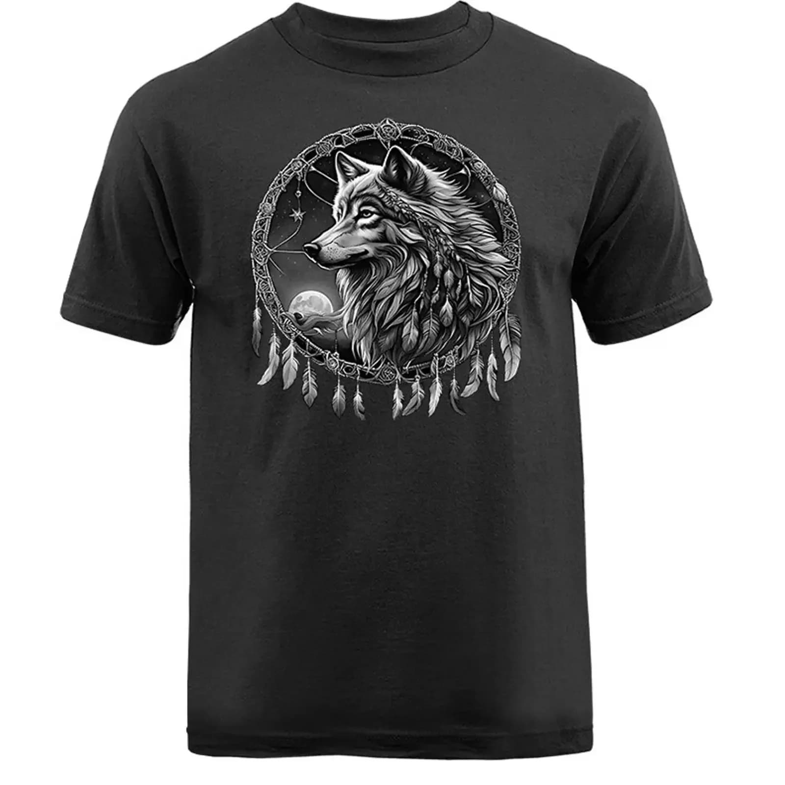 Wolf Dreamcatcher Moon Night Tribal Spirit Feathers Wildlife T shirt vintage Washed Top For Everyday Wear streetwear Casual
