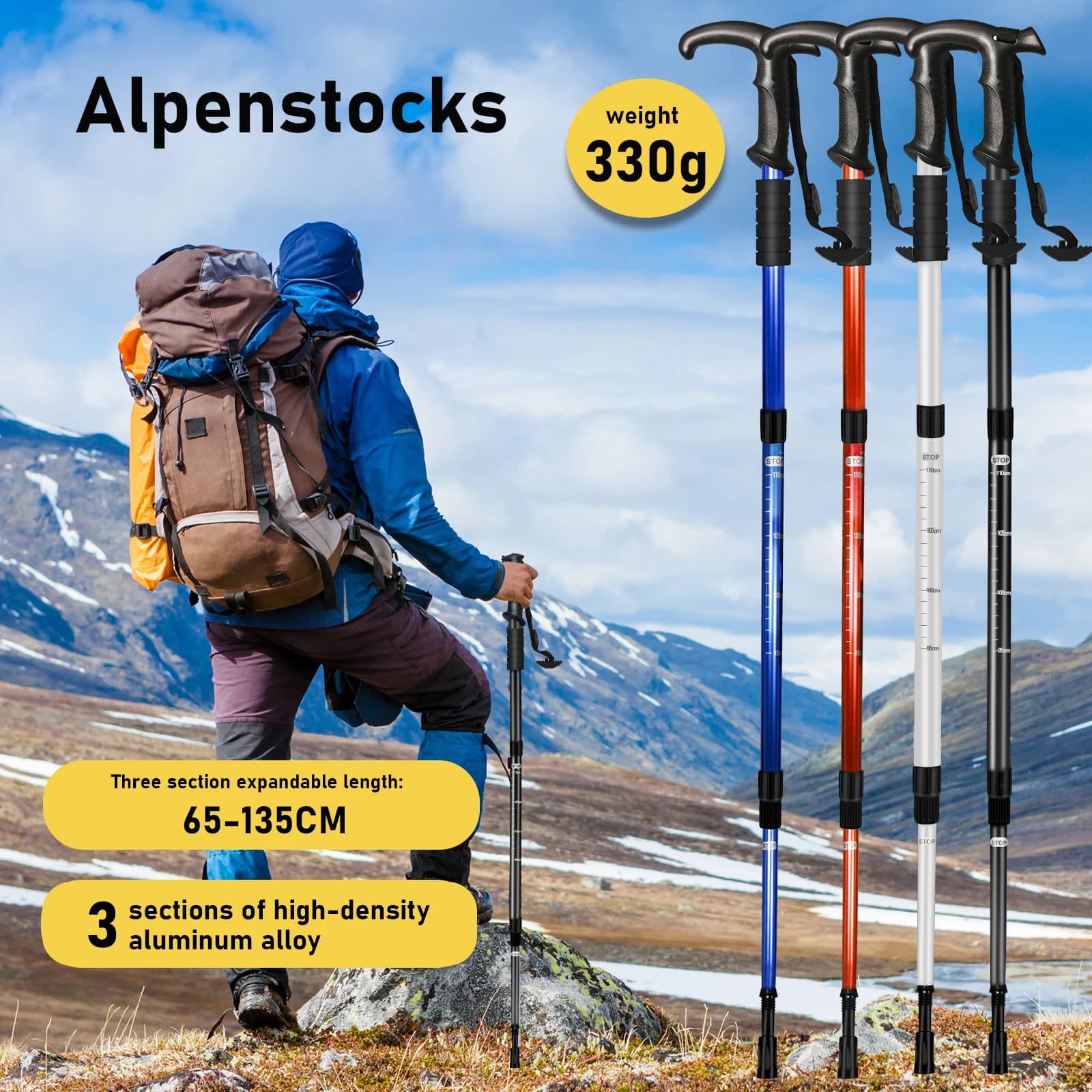 1PC 3 Section Portable Outdoor Foldable Telescopic Aluminum Alloy Trekking Poles Lightweight Walking Stick For Camping Climbing