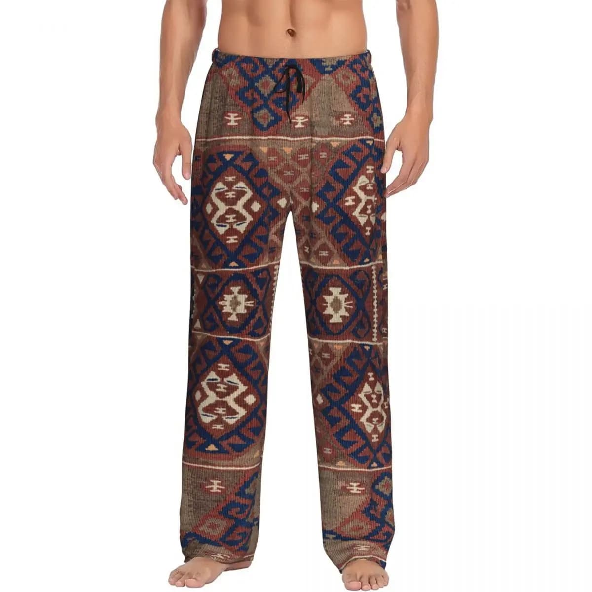 Custom Old Persian Kilim, Navajo Weave, Woven Aztec Textile Pajama Pants Men Sleepwear Sleep Lounge Bottoms with Pockets