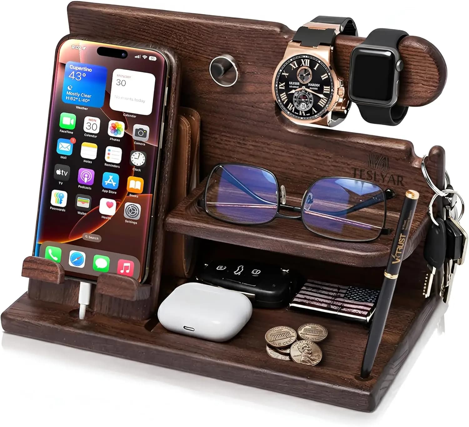 Stazione di ricarica per telefono in legno per uomo - Organizzatore da scrivania con stazione di ricarica e portachiavi - Confezione regalo inclusa