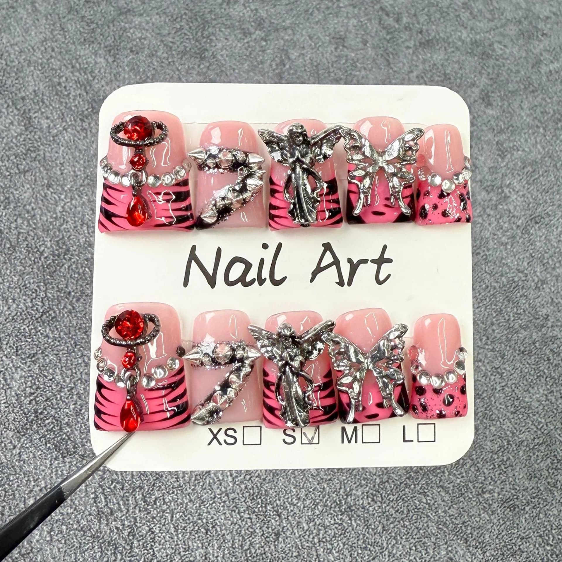 10 pieces hand-made duck beak print on nails print zebrata French fingernails with 3D decoration adhesive nails wearable fake nails