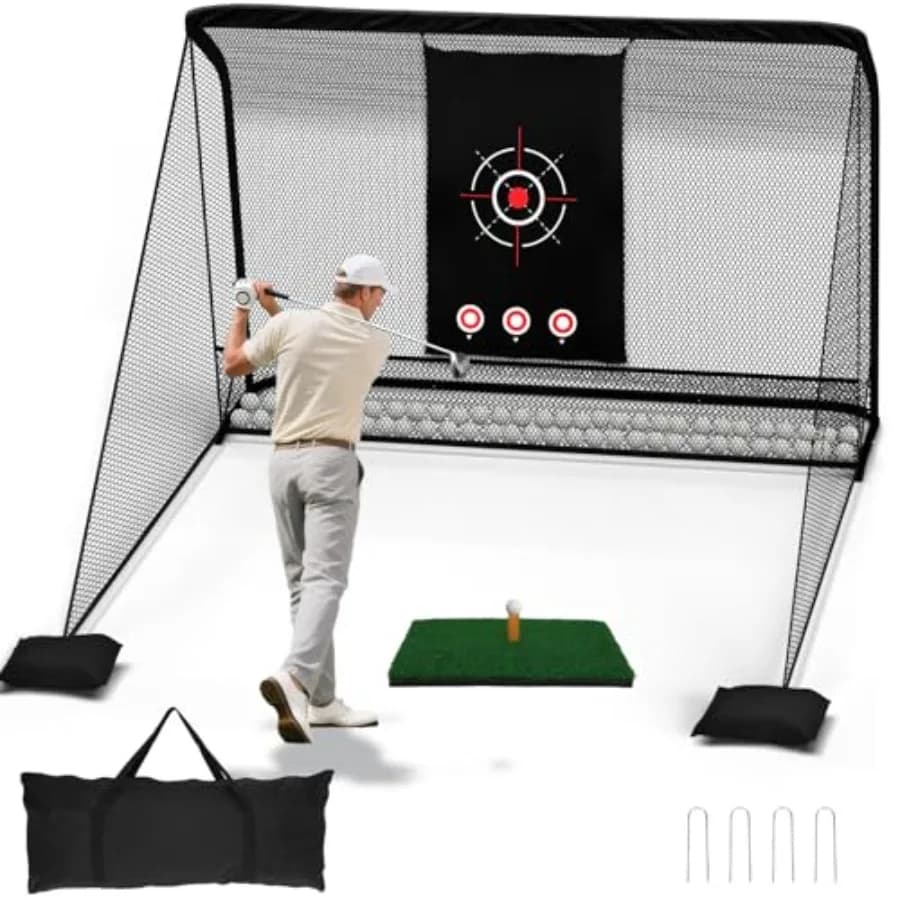 Rete da Golf 10x7ft per Pratica con Palline Reali, Gabbia per Allenamento Resistente con Rete Rinforzata a 7 Strati e Tappetino, Po