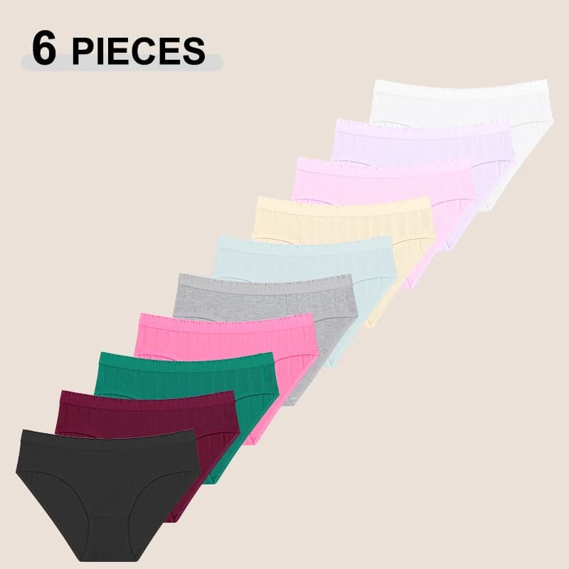 Set di 6 Mutandine da Donna in Cotone a Righe, Slip Primaverili Dopamine Tinta Unita, Intimo Femminile Senza Cuciture Traspirante con Vita Plissettata