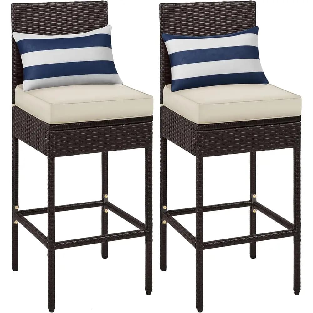 Set di 2 sgabelli da bar da patio, sedie da bar in rattan PE per esterni con cuscini e poggiapiedi e schienale, per interni, esterni, giardino.