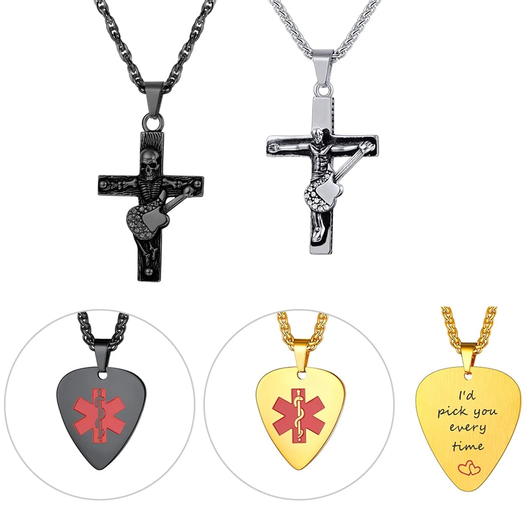 Stainless Steel Guitar Pendant Necklaces for Men Women Gothic Punk Cross Skull Guitar Pick Gothic Punk Jewelry Gift