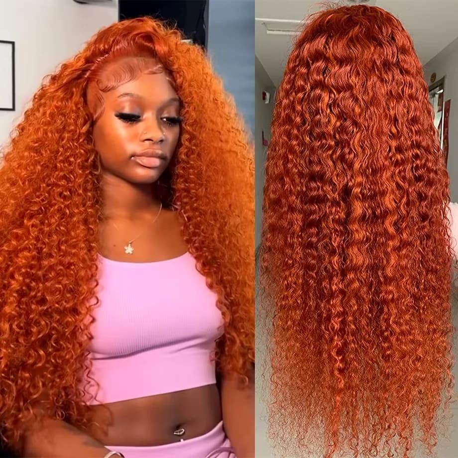 Front human hair wig in lace HD 13x6 with orange color water wave Front curly wigs in lace ginger 30 inch with deep prepizzicate wave for sale